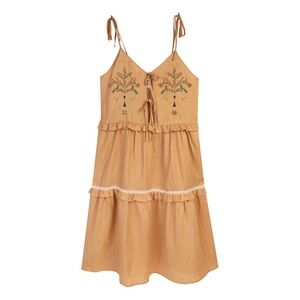 Meadows Tree, Bird, and Flower Embroidered Willow Linen Dress in Brown Size 2